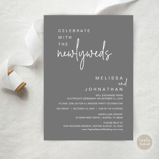 Feiern mit den Neugeborenen, Hochzeitsfeier Einladung (Celebrate With The Newlyweds, Modern Wedding Party Invitation Card, PDF, in Dark Grey )