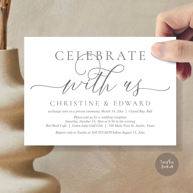 Feiern mit uns, Elopement Party, Zeitlos Grau Einladung (Celebrate with us, Romantic Modern Wedding Elopement Invitation Card, PDF, in timeless Grey)