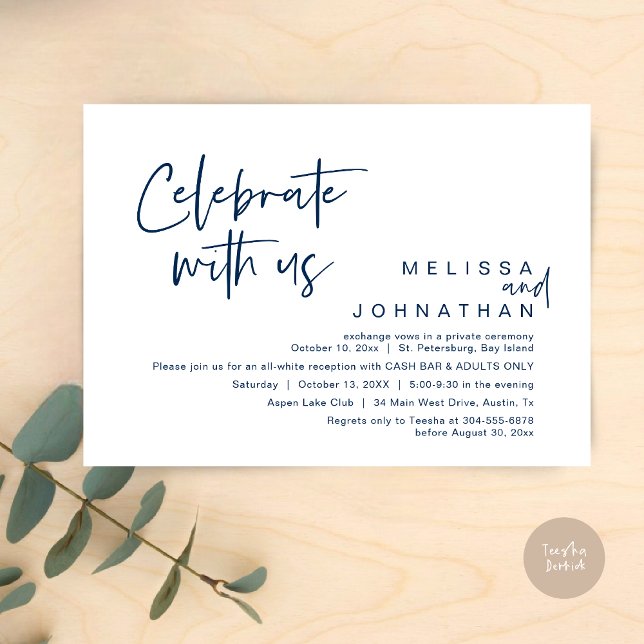 Feiern mit uns, Hochzeitsempfang Cash Bar Einladung (Celebrate with us, Wedding Reception Dinner Cash Bar Adults Only Invitation Card PDF in Navy Blue)