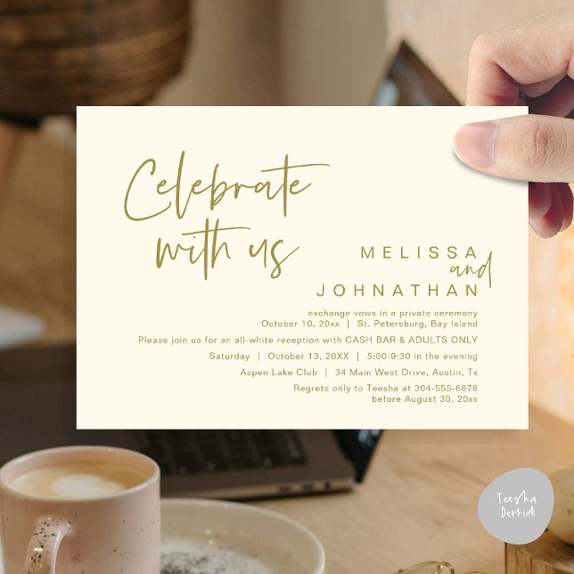 Feiern mit uns, Hochzeitsempfang Cash Bar Einladung (Celebrate with us, Wedding Reception Dinner Cash Bar Adults Only Invitation Card PDF in Yellow Gold)