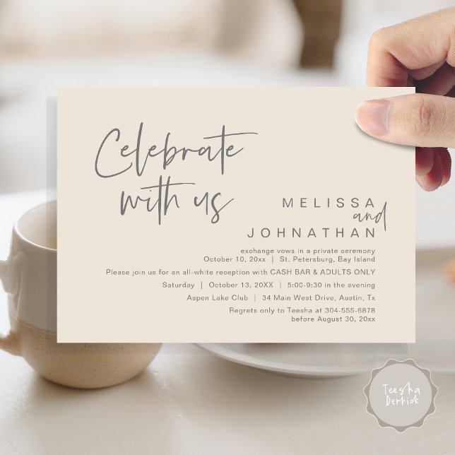 Feiern mit uns, Hochzeitsempfang Cash Bar Einladung (Celebrate with us, Wedding Reception Dinner Cash Bar Adults Only Invitation Card PDF in Cream Grey)