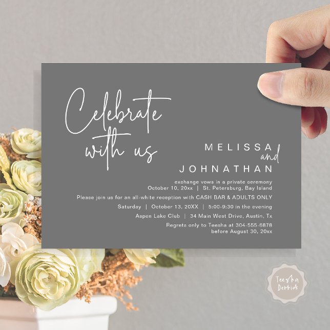 Feiern mit uns, Hochzeitsempfang Cash Bar Einladung (Celebrate with us, Wedding Reception Dinner Cash Bar Adults Only Invitation Card PDF in Dark Grey)