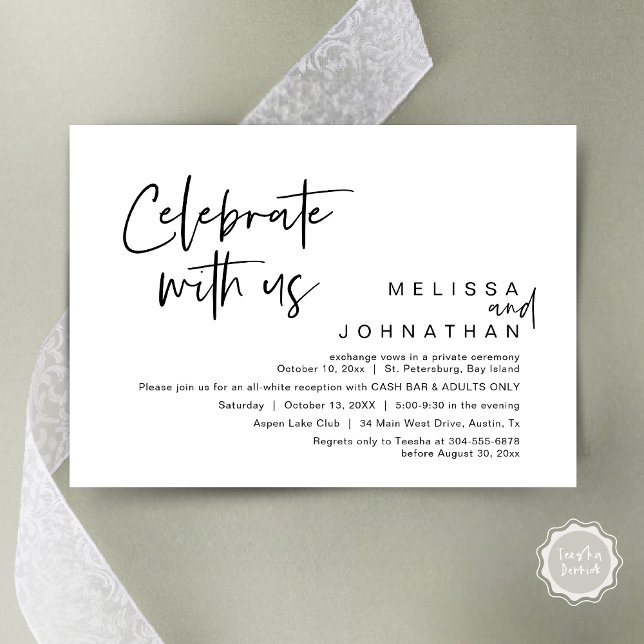 Feiern mit uns, Hochzeitsempfang Cash Bar Einladung (Celebrate with us, Wedding Reception Dinner Cash Bar Adults Only Invitation Card PDF in White Black)