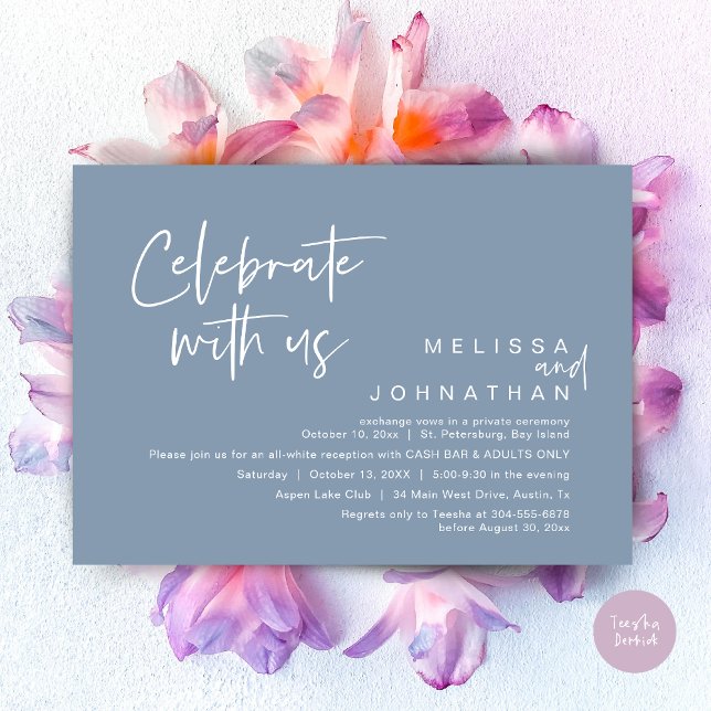 Feiern mit uns, Hochzeitsempfang Cash Bar Einladung (Celebrate with us, Wedding Reception Dinner Cash Bar Adults Only Invitation Card PDF in Dusty Blue)