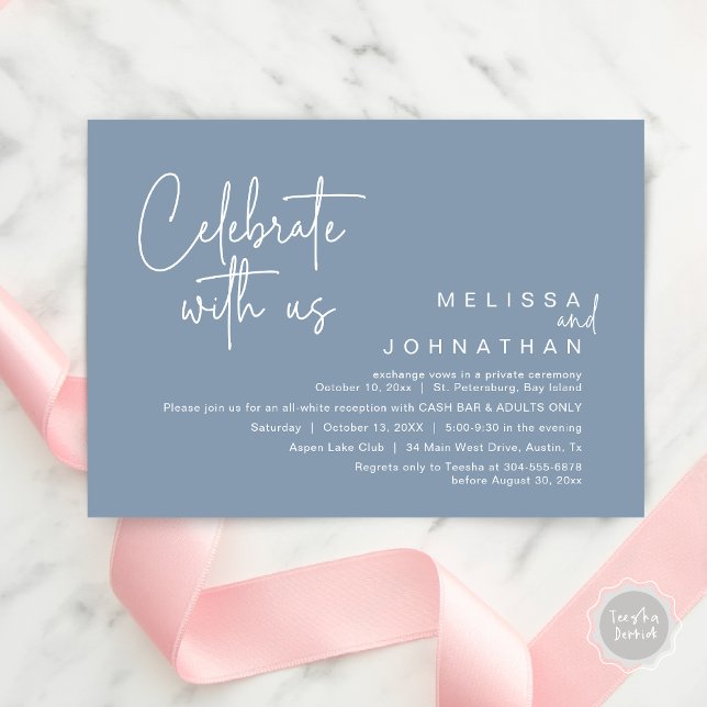 Feiern mit uns, Hochzeitsempfang Cash Bar Einladung (Celebrate with us, Wedding Reception Dinner Cash Bar Adults Only Invitation Card PDF in Dusty Blue)