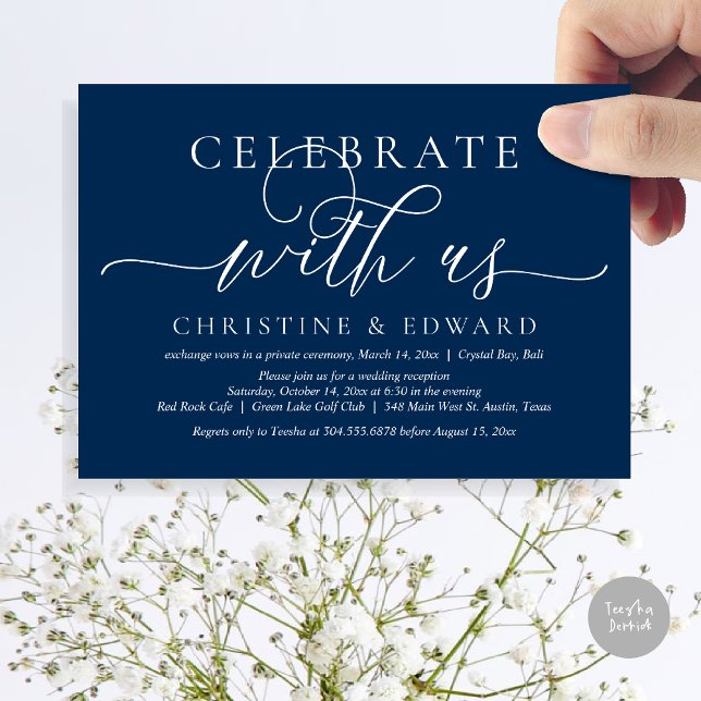 Feiern mit uns, Hochzeitsfeier Party Einladung (Celebrate with us, Romantic Modern Wedding Elopement Invitation Card, PDF, in Navy Blue)