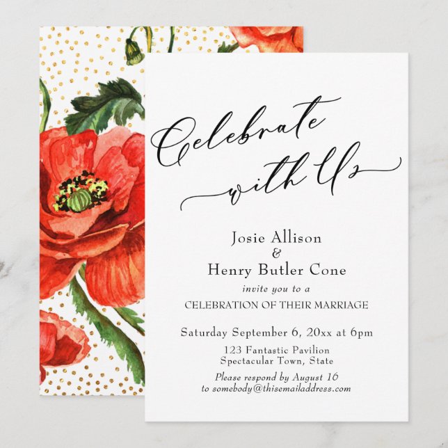 Feiern mit US-Empfang Poppies Gold Confetti Einladung (Vorne/Hinten)