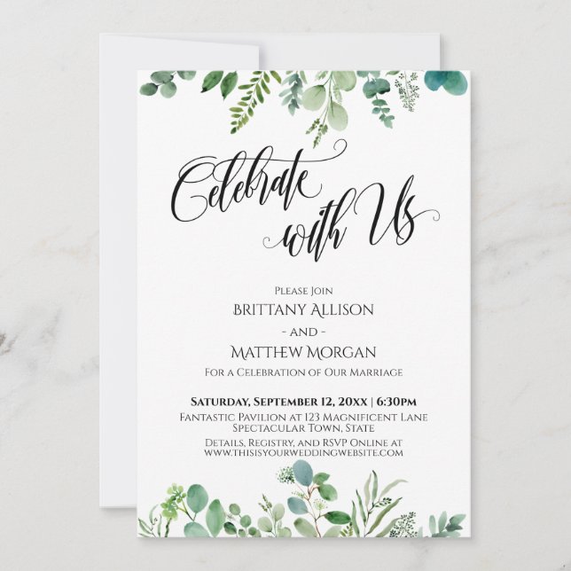 Feiern mit Us Eukalyptus Greenery Empfang Einladung (Vorderseite)