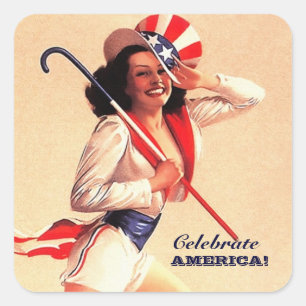 Feiern Sie Amerika! 4. Juli Retro Pin-up Quadratischer Aufkleber
