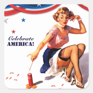 Feiern Sie Amerika. 4. Juli Retro Pin-up Quadratischer Aufkleber