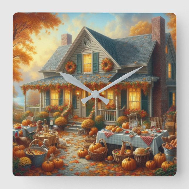 Feiern Sie den Herbstschwung mit gemütlichem Charm Quadratische Wanduhr (Vorderseite)