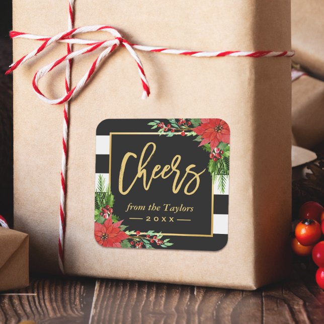 Feiern Sie ein neues Jahr Gold Script Poinsettia F Quadratischer Aufkleber (Von Creator hochgeladen)