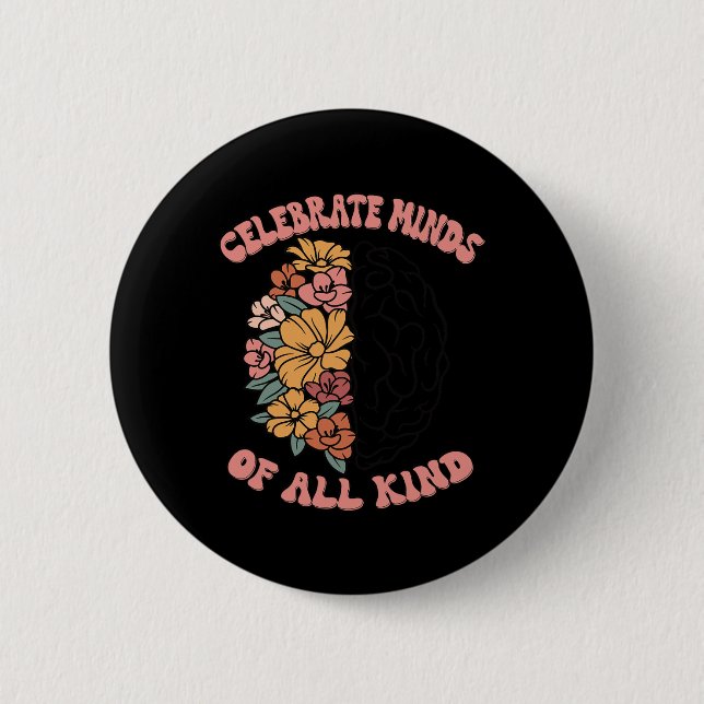 Feiern Sie Köpfe aller Art Florale Gehirn Autismus Button (Vorderseite)