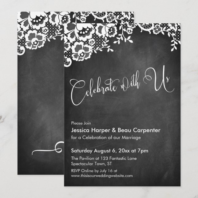 Feiern Sie mit Calligraphy Chalkboard & Lace Einladung (Vorne/Hinten)