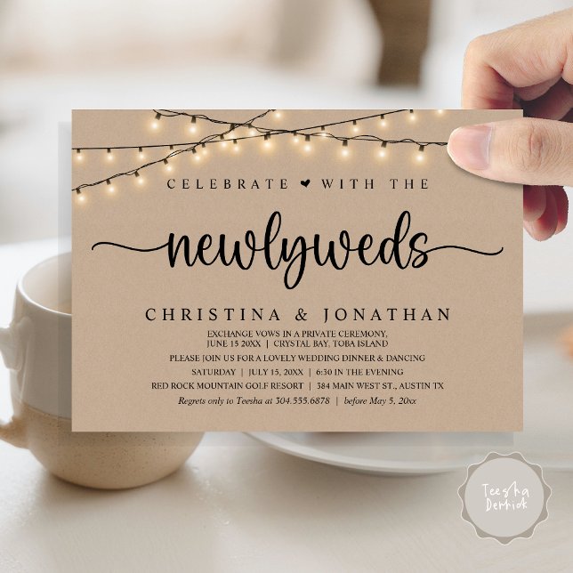 Feiern Sie mit dem neuen rustikalen Hochzeitsessen Einladung (Celebrate With The Newlyweds Rustic Wedding Dinner Invitation Card, PDF, String Lights Brown Kraft)