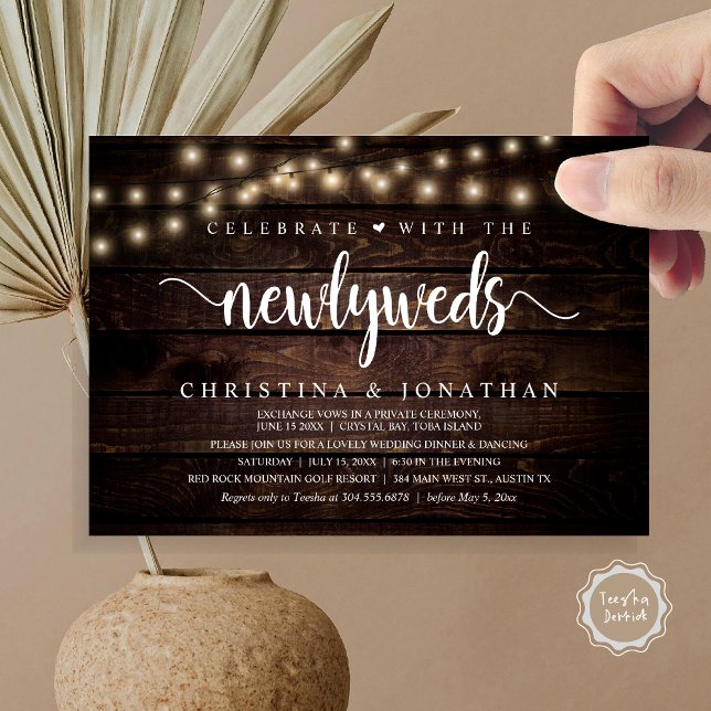 Feiern Sie mit dem neuen rustikalen Hochzeitsessen Einladung (Celebrate With The Newlyweds Rustic Wedding Dinner Invitation card, pdf, in cottage dark wood)