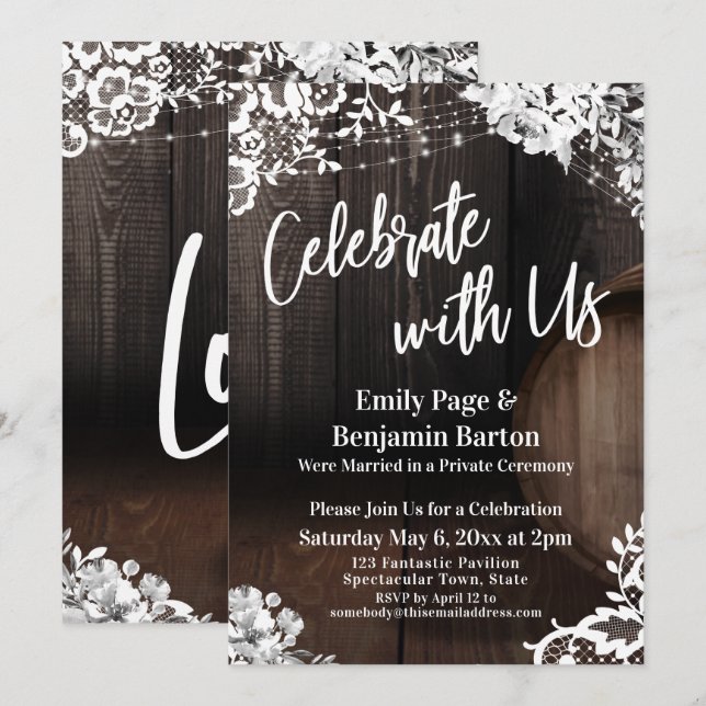 Feiern Sie mit den Blume von Us Wood Barrel Lights Einladung (Vorne/Hinten)