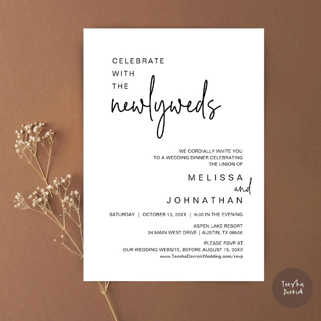 Feiern Sie mit den Neugeborenen, Hochzeitsessen Einladung (Celebrate With The Newlyweds, Wedding Dinner Dancing Invitation Card, PDF, in Black and White)