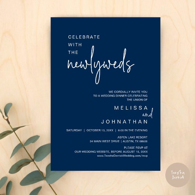 Feiern Sie mit den Neugeborenen, Hochzeitsessen Einladung (Celebrate With The Newlyweds, Wedding Dinner Dancing Invitation Card, PDF, in Navy Blue)