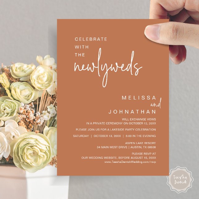 Feiern Sie mit den Neugeborenen, Hochzeitsessen Einladung (Celebrate with the newlyweds, Modern wedding elopement dinner invitation card, PDF, in copper rust)