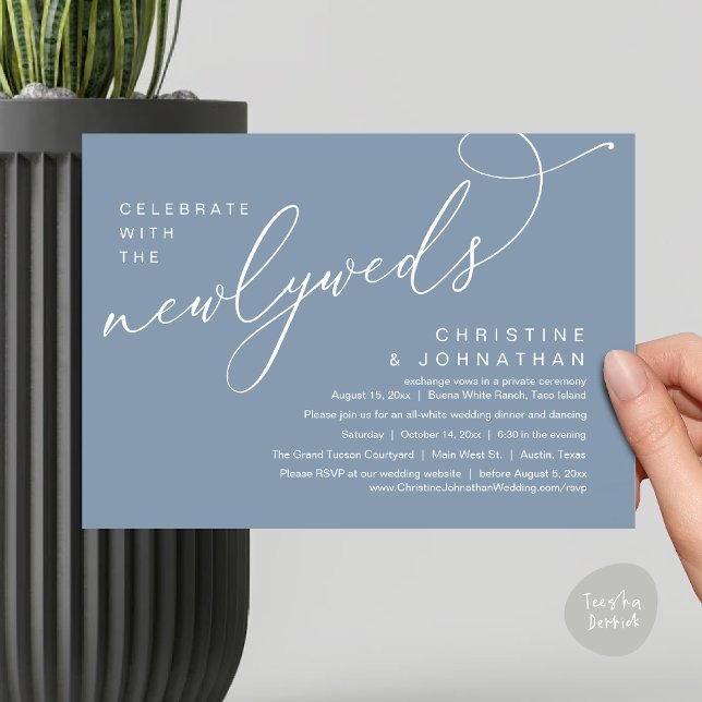 Feiern Sie mit den Neugeborenen, Romantische Hochz Einladung (Celebrate with the Newlyweds, Modern Romantic Wedding Dinner Party Invitation Card PDF Dusty Blue)