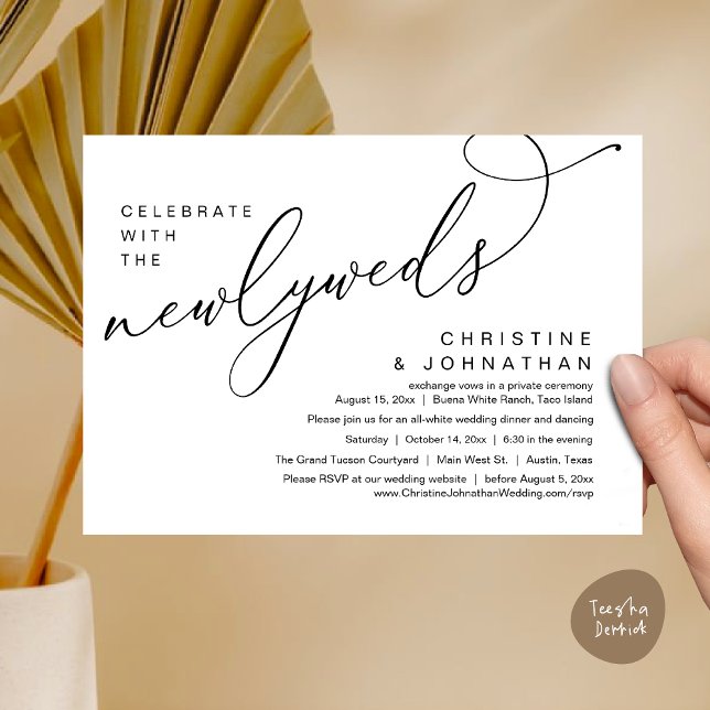 Feiern Sie mit den Neugeborenen, Romantische Hochz Einladung (Celebrate with the Newlyweds, Modern Romantic Wedding Dinner Party Invitation Card PDF White Black)