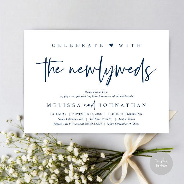 Feiern Sie mit den Neuvermählten, Wedding Brunch Einladung (Celebrate with the Newlyweds, Wedding Brunch Invitation Card, PDF, in modern Navy Blue)