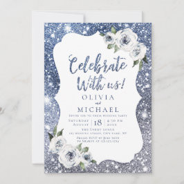Feiern Sie mit uns! Blauer Glitzer und Blumen Einladung