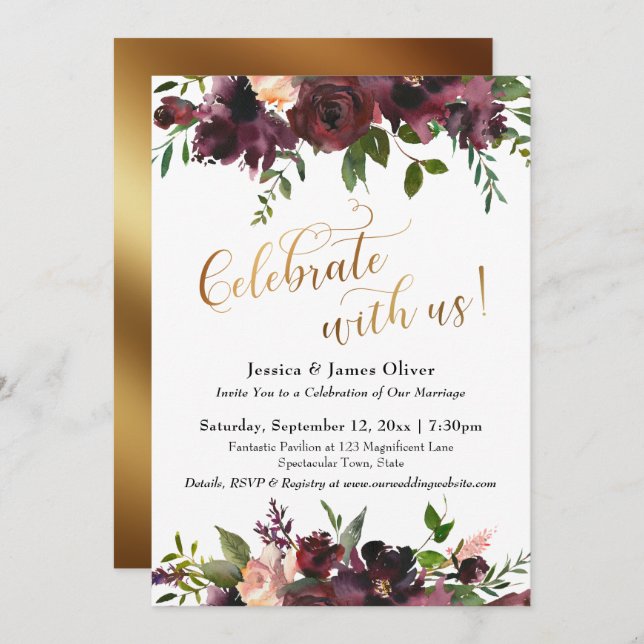 Feiern Sie mit uns! Dark Red Burgundy Floral & Gol Einladung (Vorne/Hinten)