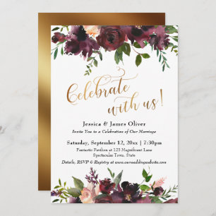 Feiern Sie mit uns! Dark Red Burgundy Floral & Gol Einladung