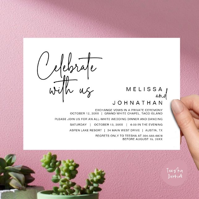 Feiern Sie mit uns, das Abendessen bei Hochzeiten Einladung (Celebrate with us, Modern Wedding Elopement Dinner Invitation Card, Brunch, Lunch PDF, White Black)
