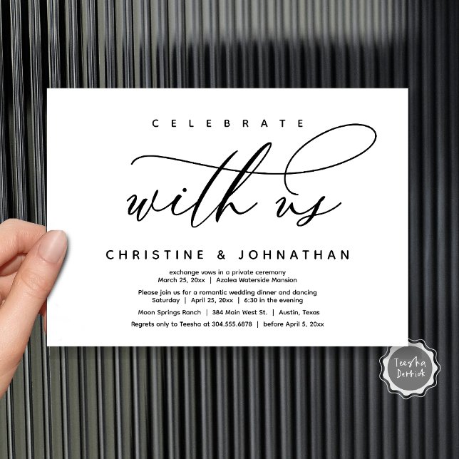 Feiern Sie mit uns, das Abendessen bei Hochzeiten Einladung (Celebrate with us, Modern Wedding Elopement Dinner Invitation Card, PDF, Modern Romantic Black White)