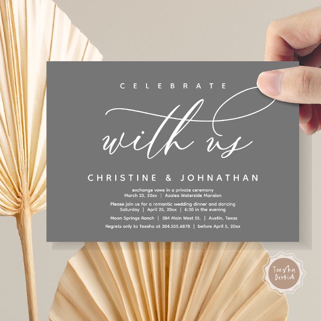 Feiern Sie mit uns, das Abendessen bei Hochzeiten Einladung (Celebrate with us, Modern Wedding Elopement Dinner Invitation Card, PDF, Modern Romantic Dark Grey)