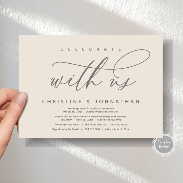 Feiern Sie mit uns, das Abendessen bei Hochzeiten Einladung (Celebrate with us, Modern Wedding Elopement Dinner Invitation Card, PDF, Modern Romantic Cream Grey)