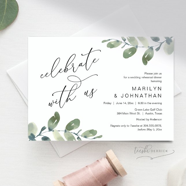 Feiern Sie mit uns, Hochzeit Probe Dinner Einladung (Celebrate with us, Wedding Rehearsal Dinner Invitation Card, Downloadable, Greenery Eucalyptus theme)