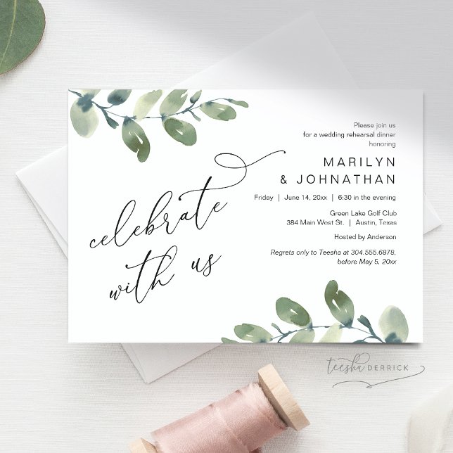 Feiern Sie mit uns, Hochzeit Probe Dinner Einladung (Celebrate with us, Wedding Rehearsal Dinner Invitation Card, Downloadable, Greenery Eucalyptus theme)