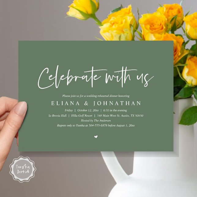 Feiern Sie mit uns, Hochzeit Probe Dinner Einladung (Celebrate with us, Wedding Rehearsal Dinner Party Invitation Card, PDF, Modern, Forest Sage Green)