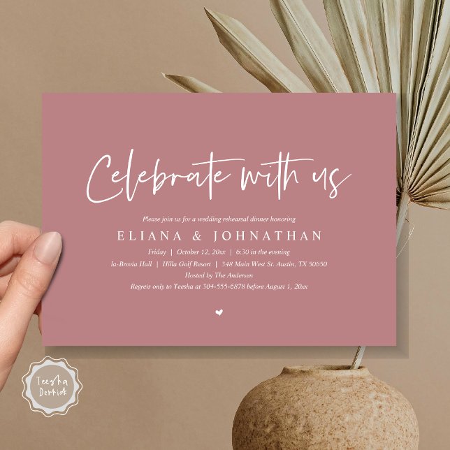 Feiern Sie mit uns, Hochzeit Probe Dinner Einladung (Celebrate with us, Wedding Rehearsal Dinner Party Invitation Card, PDF, Modern, in Dusty Rose Pink)