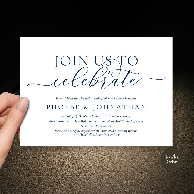 Feiern Sie mit uns, Hochzeit Probe Dinner Inv Einladung (Join Us To Celebrate, Romantic Wedding Rehearsal Dinner Invitation Card, PDF, in Navy Blue)