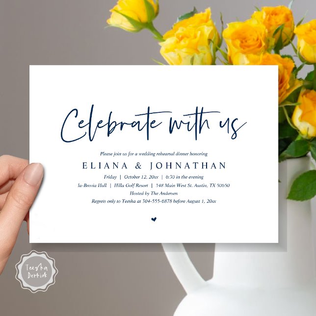 Feiern Sie mit uns, Hochzeit Probe Dinner Invita Einladung (Celebrate with us, Wedding Rehearsal Dinner Invitation Card, PDF, Modern Casual, in Navy Blue)