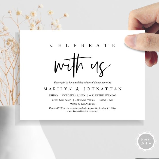 Feiern Sie mit uns, Hochzeit Probe Party Einladung (Celebrate With Us, Wedding Rehearsal Dinner, Lunch Party Invitation Card, PDF, Black and White)