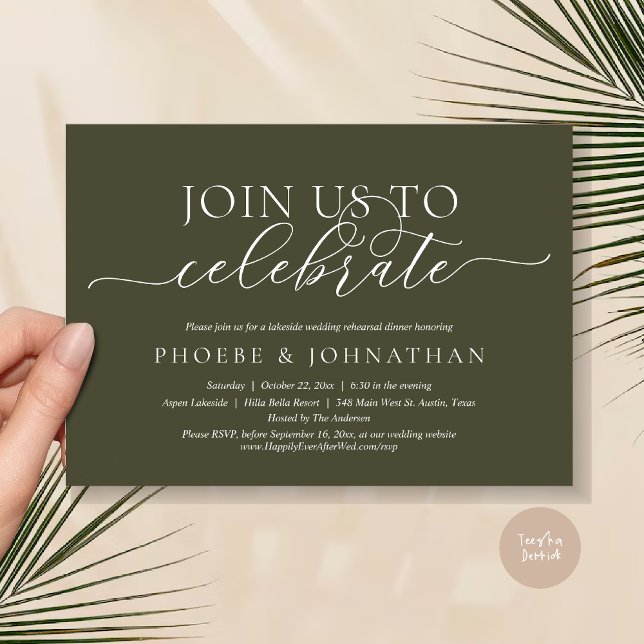 Feiern Sie mit uns, Hochzeit und Probe Einladung (Join Us To Celebrate, Romantic Wedding Rehearsal Dinner Invitation Card, PDF, in Olive Green)