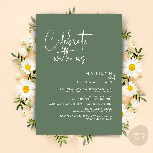 Feiern Sie mit uns, Hochzeitliches Abendessen Part Einladung (Celebrate with us, Modern Wedding Elopement Dinner Lunch Brunch Party Invites Card PDF Sage Green)