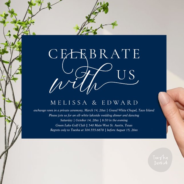 Feiern Sie mit uns, Hochzeitliches Abendessen Part Einladung (Celebrate with us, Wedding Elopement Dinner Party Lunch Brunch Invitation Card PDF Navy Blue)
