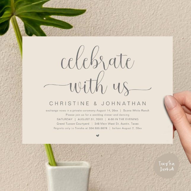 Feiern Sie mit uns, Hochzeitliches Abendessen Part Einladung (Celebrate with us, Wedding Elopement Dinner Party Dancing Invites Card, pdf, classy cream grey)