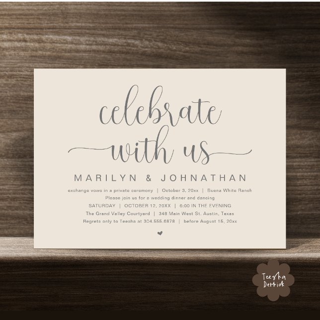 Feiern Sie mit uns, Hochzeitliches Abendessen Part Einladung (Celebrate with us, Wedding Elopement Dinner Party Dancing Invitation Card PDF Cream Grey)