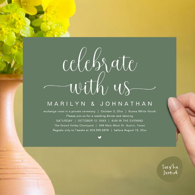 Feiern Sie mit uns, Hochzeitliches Abendessen Part Einladung (Celebrate with us, Wedding Elopement Dinner Party Dancing Invitation Card PDF Greenery Sage Green)