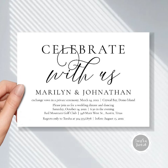 Feiern Sie mit uns, Hochzeitliches Abendessen Part Einladung (Celebrate with us, Modern Wedding Elopement Dinner Invitation Card, PDF, Modern Romantic Black White)