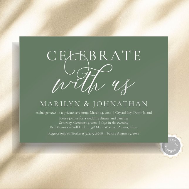 Feiern Sie mit uns, Hochzeitliches Abendessen Part Einladung (Celebrate with us, Modern Wedding Elopement Dinner Invitation Card, PDF, Modern Romantic Sage Green)