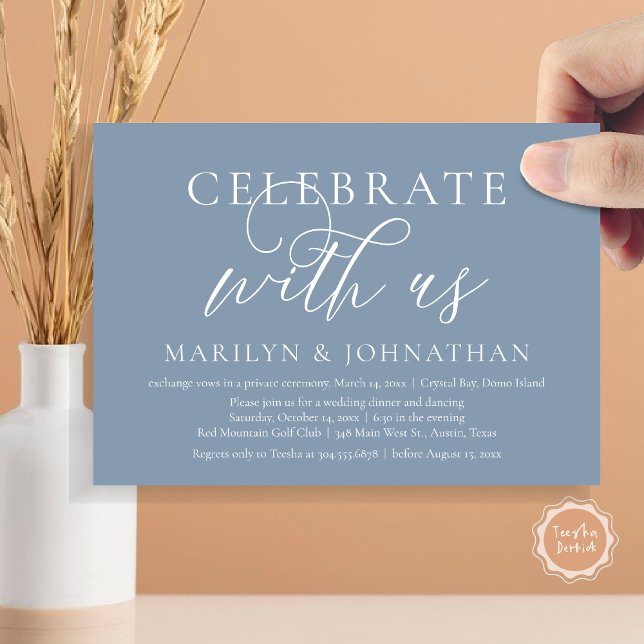 Feiern Sie mit uns, Hochzeitliches Abendessen Part Einladung (Celebrate with us, Modern Wedding Elopement Dinner Invitation Card, PDF, Modern Romantic Dusty Blue)